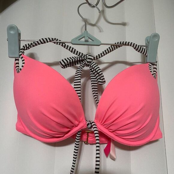 Victoria Secret push up neon pink with black/white striped straps swimsuit top - Picture 1 of 5